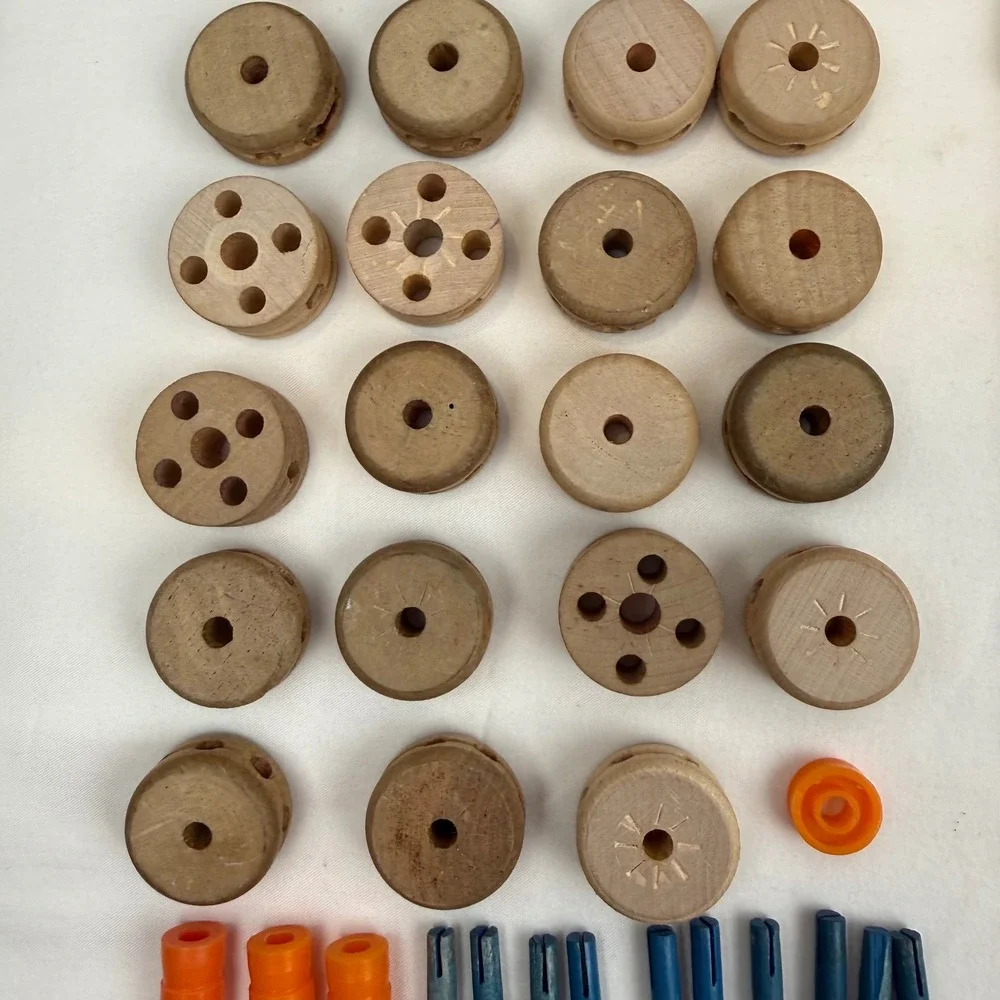 Vintage 1972 Tinkertoy No. 155 Wood Building Set w/ Canister & Manual Incomplete